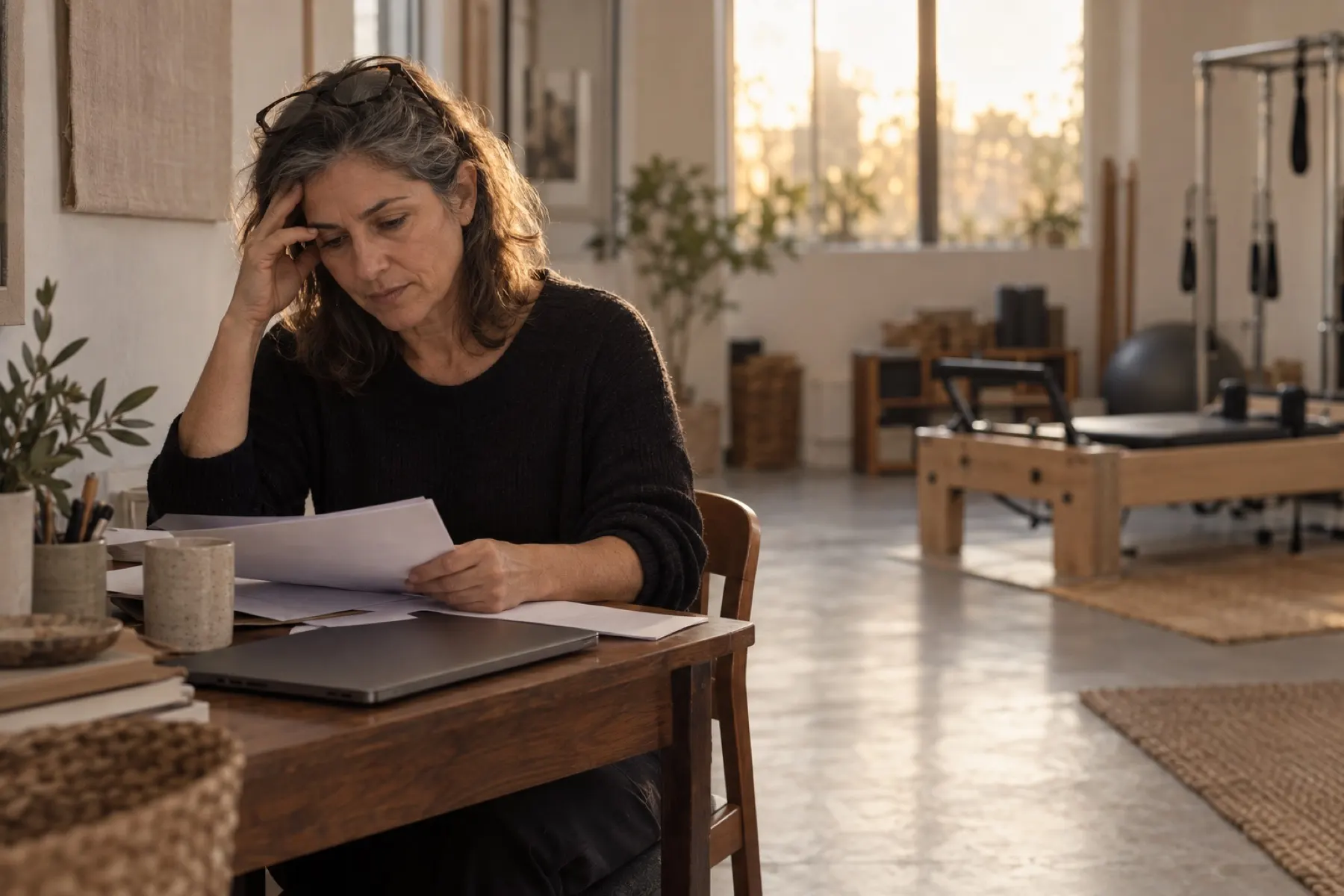A studio owner at a desk with papers and a laptop.