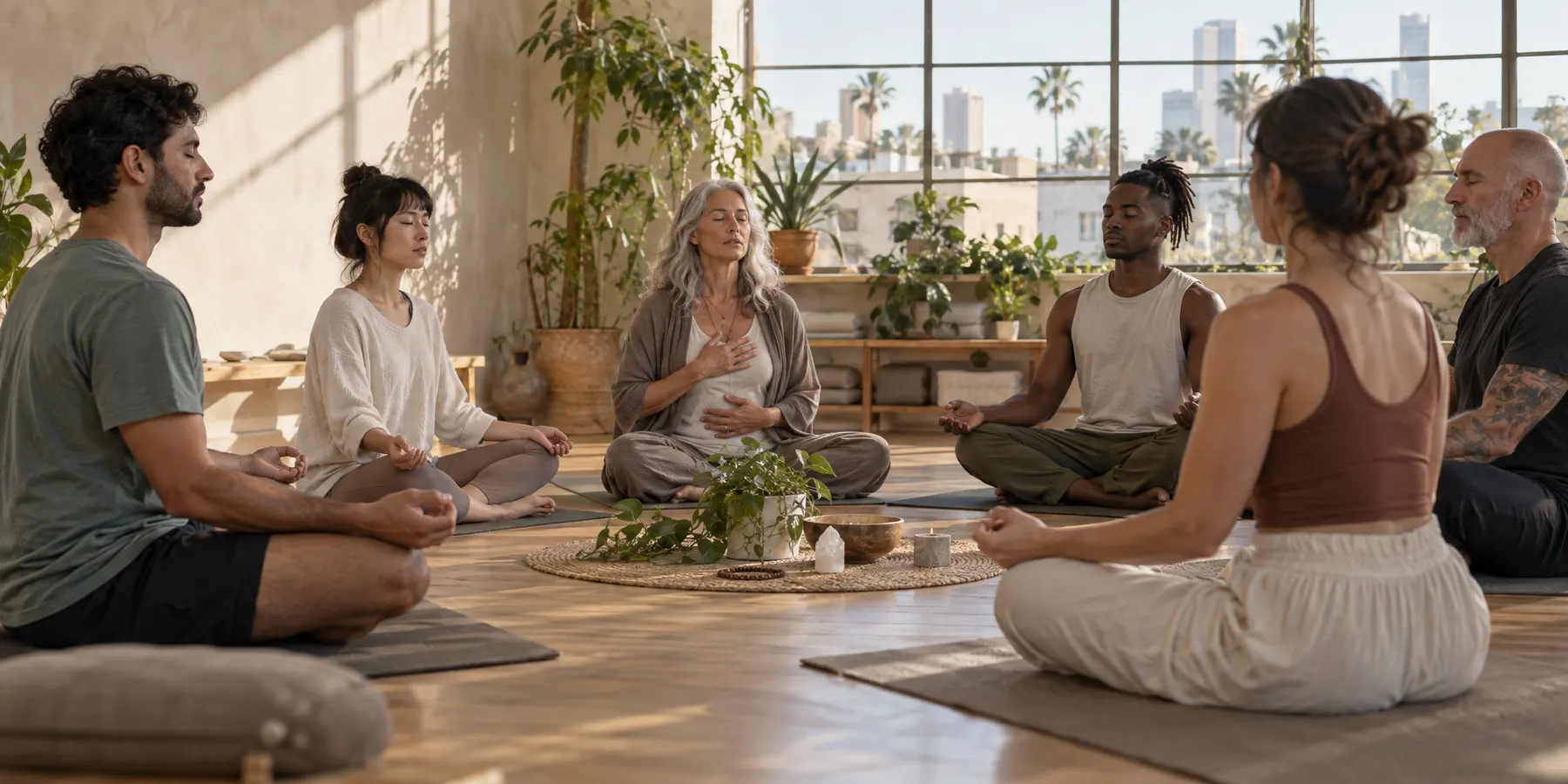 A breathing workshop in the studio.