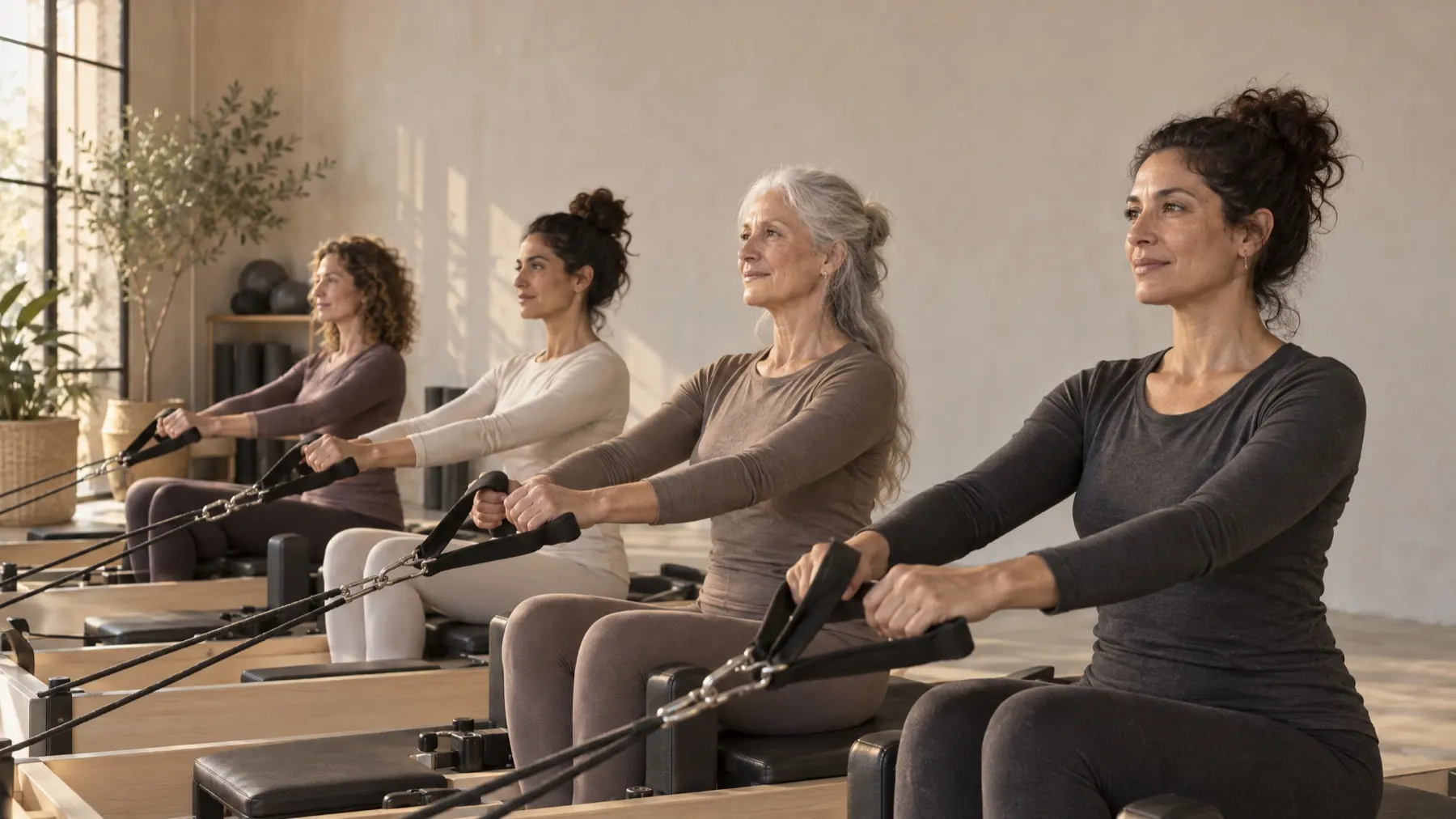 Women training together on reformers in a bright studio.