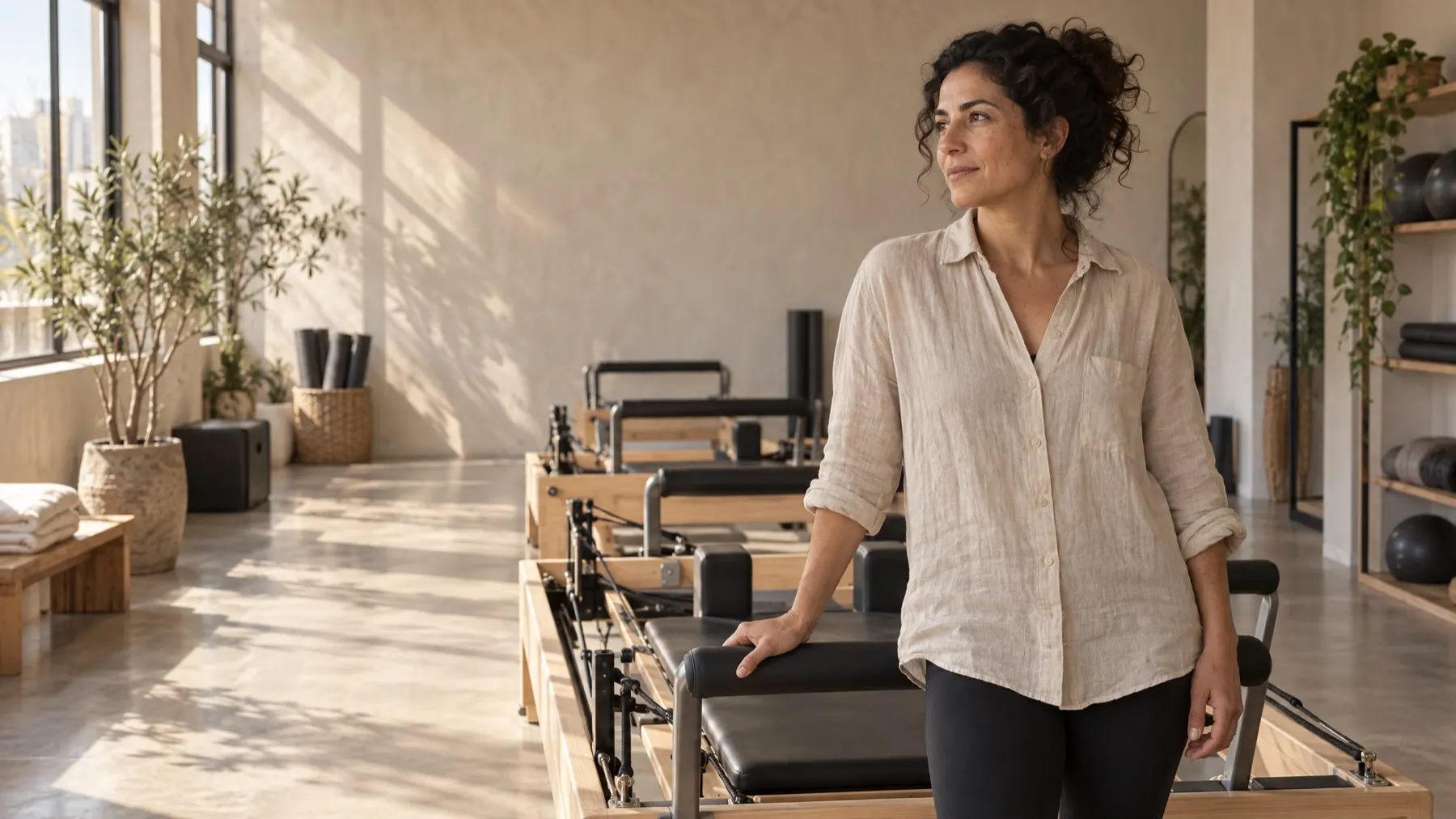 A studio owner standing in her reformer room.