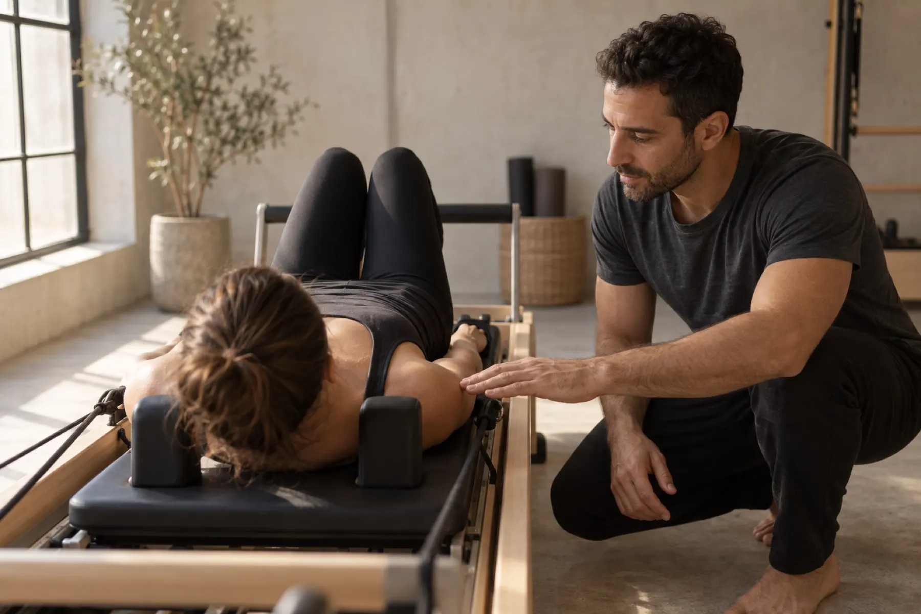A pilates instructor correcting a member's position on a reformer.