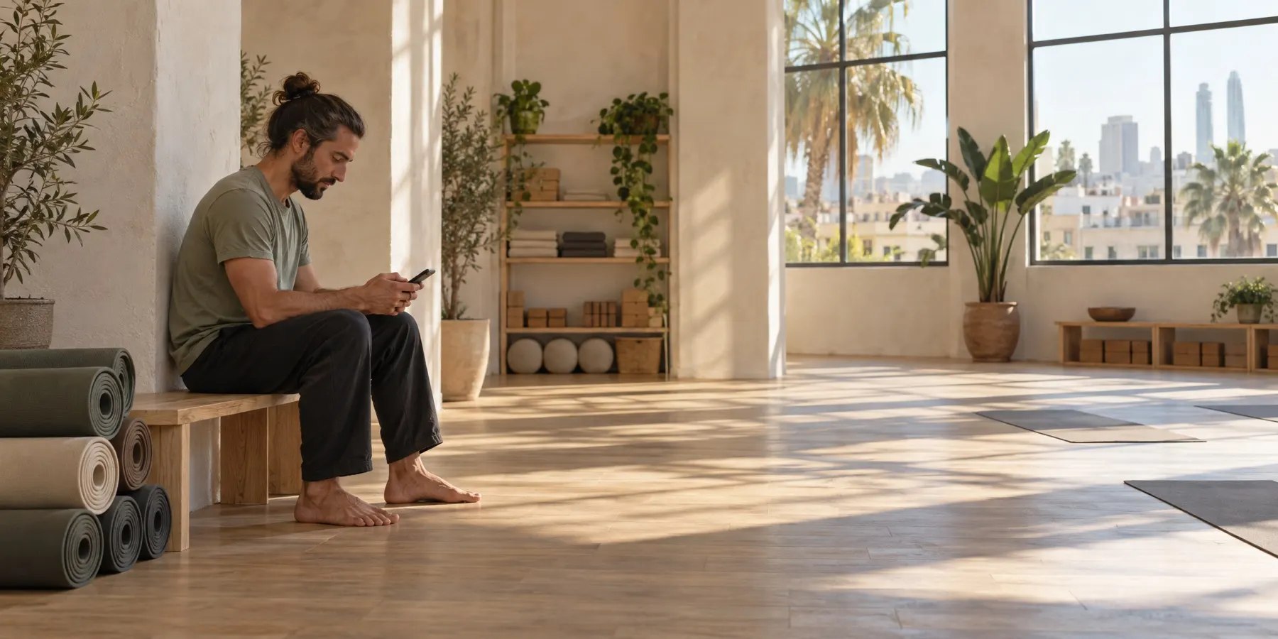 An instructor sitting in an empty studio, reading her phone.