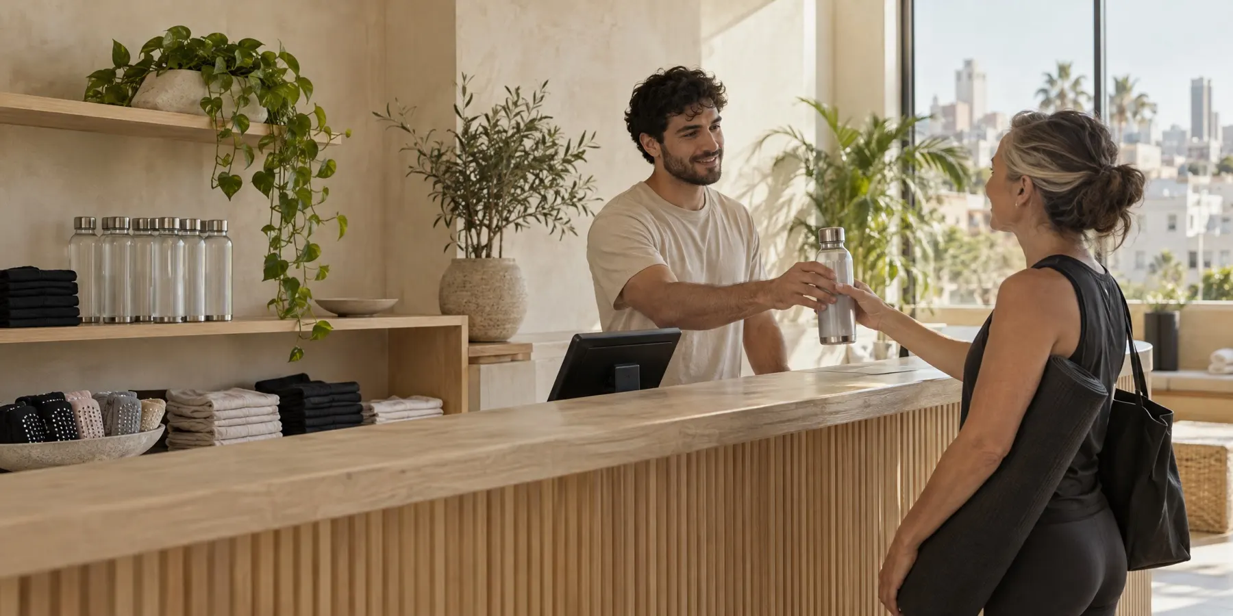A customer at a counter, being served.
