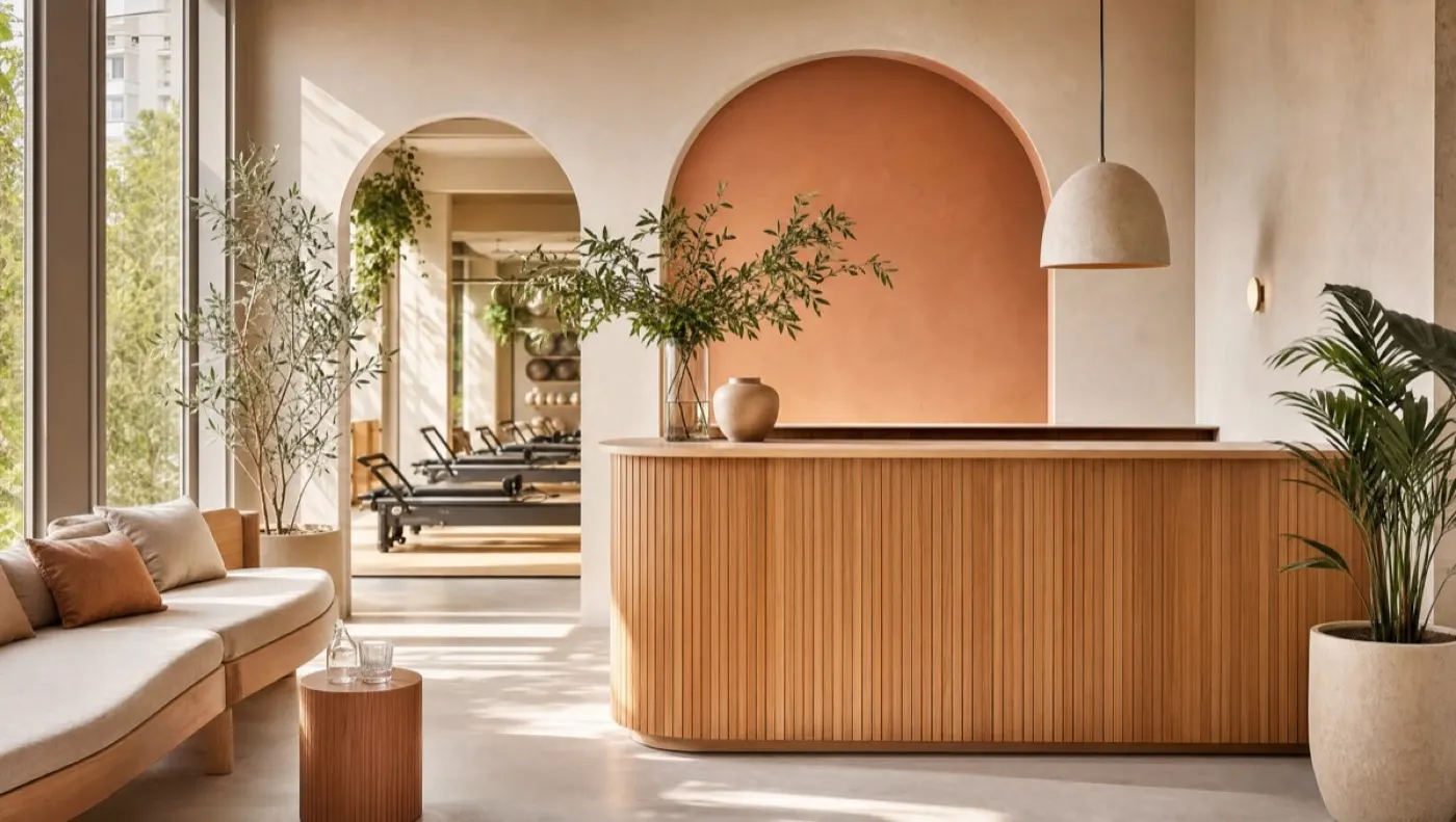 The reception of a warm, sunlit pilates studio.